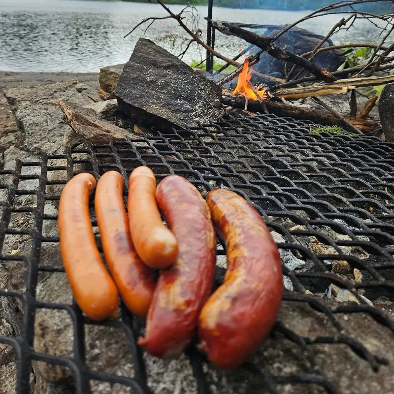 Korv på grillgallret vid sjön
