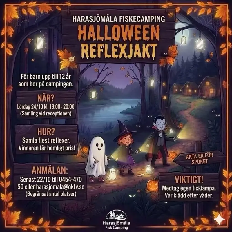 Affisch för Halloween-reflexjakt på Harasjömåla Fiskecamping, med tecknade barn utklädda till spöke, häxa och vampyr på en skogsstig
