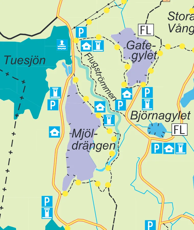 Utsnitt ur områdeskartan: Flugströmmen rinner mellan Gategylet och Mjöldrängen, med parkeringar, toaletter och vindskydd längs vägen